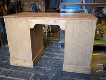 Load image into Gallery viewer, Antique Pine Twin Pedestal Kneehole Desk, Rustic Writing Table, 121x60x76cm, C.1910, Brass Cup Pulls, Farmhouse Home Office Workbench