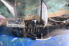 Load image into Gallery viewer, Vintage Folk Art Ship Diorama “H.M. Brig” Careening at Otaheite (Tahiti) – Painted Shadow Box, Mixed-Media Model – 22 x 39 x 55cm