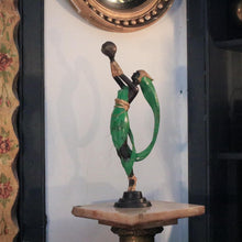 Load image into Gallery viewer, 1920s Art Deco Bronze Figure – Dancing Lady Holding Globe – Cold-Painted in Green and Gold – 51 cm