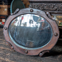 Load image into Gallery viewer, Early 20th Century Oval Wall Mirror – Carved Oak Frame with Beadwork and Scroll Details – 75 x 61 cm- Arts and Crafts
