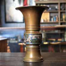 Load image into Gallery viewer, Antique Brass Cloisonné Gu-Form Vase With Archaistic Enamel Band, Signed Base, Rich Old Patina – 11.8 Inches Tall