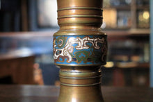 Load image into Gallery viewer, Antique Brass Cloisonné Gu-Form Vase With Archaistic Enamel Band, Signed Base, Rich Old Patina – 11.8 Inches Tall