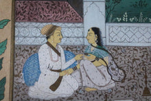 Load image into Gallery viewer, Vintage Framed Indian Miniature Painting On Paper – Lovers In A Courtyard Under Crescent Moon, Floral Border, Ebonised Frame - 40 x 61cm