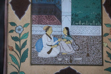 Load image into Gallery viewer, Vintage Framed Indian Miniature Painting On Paper – Lovers In A Courtyard Under Crescent Moon, Floral Border, Ebonised Frame - 40 x 61cm