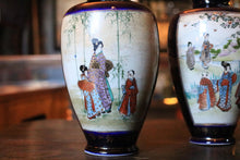 Load image into Gallery viewer, Pair Of Early 20th Century Japanese Hand Painted Satsuma Vases With Geisha And Children, Cobalt And Gilt Crackle Glaze, 24cm Tall