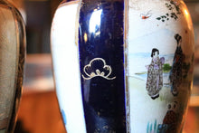 Load image into Gallery viewer, Pair Of Early 20th Century Japanese Hand Painted Satsuma Vases With Geisha And Children, Cobalt And Gilt Crackle Glaze, 24cm Tall