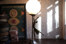 Load image into Gallery viewer, Vintage Art Deco Style Bronze Dancer Lamp with Swirled Opaline Globe Shade – Rewired
