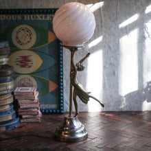 Load image into Gallery viewer, Vintage Art Deco Style Bronze Dancer Lamp with Swirled Opaline Globe Shade – Rewired