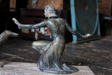 Load image into Gallery viewer, 1920s Art Deco Bronze Figure – Dancing Lady Holding Globe – Cold-Painted in Green and Gold – 51 cm