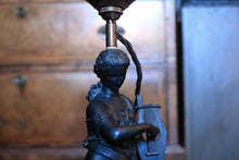 Load image into Gallery viewer, Early 20th.C Rewired Neoclassical Figure Lamp With Lyre & Opaline Shade — Bronze-Tone Spelter On Round Base — 59 cm (23.25 in) Tall