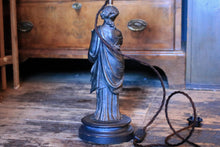 Load image into Gallery viewer, Early 20th.C Rewired Neoclassical Figure Lamp With Lyre & Opaline Shade — Bronze-Tone Spelter On Round Base — 59 cm (23.25 in) Tall