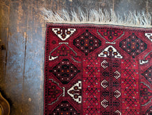 Load image into Gallery viewer, 3'5" x 6'7" - Vintage Afghan Ersari Turkoman Hand-Knotted Wool Rug - Madder Red, Black & Ivory - 104 x 200 cm