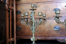 Load image into Gallery viewer, Pair Of Tall Antique  Five-Light Gilt Brass Candelabra On Ebonised Tripod Bases — Ram-Head & Foliate Scrollwork — 51.5 cm (20.3 in)