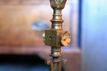 Load image into Gallery viewer, Pair Of Tall Antique  Five-Light Gilt Brass Candelabra On Ebonised Tripod Bases — Ram-Head & Foliate Scrollwork — 51.5 cm (20.3 in)