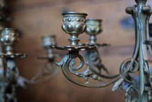 Load image into Gallery viewer, Pair Of Tall Antique  Five-Light Gilt Brass Candelabra On Ebonised Tripod Bases — Ram-Head & Foliate Scrollwork — 51.5 cm (20.3 in)
