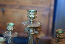 Load image into Gallery viewer, Pair Of Tall Antique  Five-Light Gilt Brass Candelabra On Ebonised Tripod Bases — Ram-Head & Foliate Scrollwork — 51.5 cm (20.3 in)