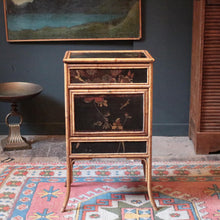 Load image into Gallery viewer, Victorian Aesthetic Bamboo Cabinet With Japanned Panels & Verre Églomisé Drop-Front — Buttoned Purple Interior — 43 × 31 × 77 cm