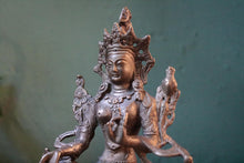 Load image into Gallery viewer, Early 20th.C Tibetan Tara Goddess Statue in Silvered Brass – Lotus Throne, Mudra Hand Pose