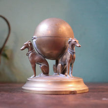 Load image into Gallery viewer, Antique Greyhound Figural Globe Inkwell With Porcelain Liner – Bronze Finish Desk Piece, C. 1910s–20s – 4.5" High (11.5 cm)