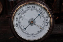 Load image into Gallery viewer, Carved Oak Aneroid Banjo Barometer With Thermometer & Brass Presentation Plaque, Dated 1919 – Crack to Glass