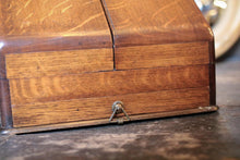 Load image into Gallery viewer, Small Tiger-Oak Stationery Cabinet / Writing Slope – Twin Fall-Fronts, Letter Racks & Base Drawer – 26 × 17 × 19.5 cm