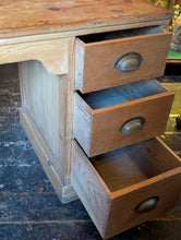 Load image into Gallery viewer, Antique Pine Twin Pedestal Kneehole Desk, Rustic Writing Table, 121x60x76cm, C.1910, Brass Cup Pulls, Farmhouse Home Office Workbench