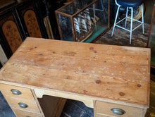 Load image into Gallery viewer, Antique Pine Twin Pedestal Kneehole Desk, Rustic Writing Table, 121x60x76cm, C.1910, Brass Cup Pulls, Farmhouse Home Office Workbench