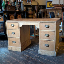 Load image into Gallery viewer, Antique Pine Twin Pedestal Kneehole Desk, Rustic Writing Table, 121x60x76cm, C.1910, Brass Cup Pulls, Farmhouse Home Office Workbench