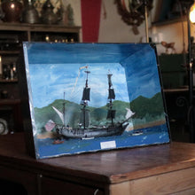 Load image into Gallery viewer, Vintage Folk Art Ship Diorama “H.M. Brig” Careening at Otaheite (Tahiti) – Painted Shadow Box, Mixed-Media Model – 22 x 39 x 55cm