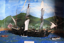 Load image into Gallery viewer, Vintage Folk Art Ship Diorama “H.M. Brig” Careening at Otaheite (Tahiti) – Painted Shadow Box, Mixed-Media Model – 22 x 39 x 55cm