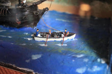 Load image into Gallery viewer, Vintage Folk Art Ship Diorama “H.M. Brig” Careening at Otaheite (Tahiti) – Painted Shadow Box, Mixed-Media Model – 22 x 39 x 55cm