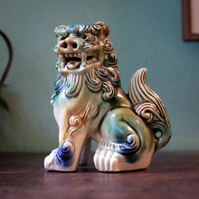 Load image into Gallery viewer, Mid-Century Chinese Shiwan-Style Glazed Ceramic Foo Dog Guardian Lion Figurine, Turquoise Green & Blue, 12.5cm