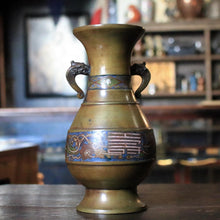 Load image into Gallery viewer, 19th C Japanese Champlevé Bronze Vase With Dragon Handles & Enamel Band, 30cm / 12"