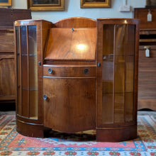 Load image into Gallery viewer, Art Deco Walnut Display / Cocktail Bar / Drinks Cabinet c.1930s – Drop-Front Secrétaire With Twin Vitrines - Original Keys