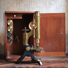 Load image into Gallery viewer, Antique Brass Microscope With Fitted Wooden Case, Objectives and Eyepieces, C.1890
