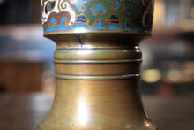 Load image into Gallery viewer, Antique Brass Cloisonné Gu-Form Vase With Archaistic Enamel Band, Signed Base, Rich Old Patina – 11.8 Inches Tall