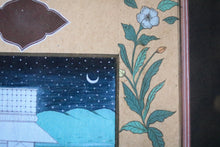 Load image into Gallery viewer, Vintage Framed Indian Miniature Painting On Paper – Lovers In A Courtyard Under Crescent Moon, Floral Border, Ebonised Frame - 40 x 61cm