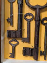 Load image into Gallery viewer, Framed Collection Of Antique Iron Skeleton Keys In Shadow Box – 31 x 21 x 5 cm (12.2" x 8.3" x 2") – 19th–Early 20th Century Display