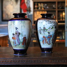 Load image into Gallery viewer, Pair Of Early 20th Century Japanese Hand Painted Satsuma Vases With Geisha And Children, Cobalt And Gilt Crackle Glaze, 24cm Tall