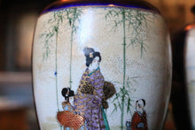 Load image into Gallery viewer, Pair Of Early 20th Century Japanese Hand Painted Satsuma Vases With Geisha And Children, Cobalt And Gilt Crackle Glaze, 24cm Tall