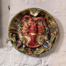 Load image into Gallery viewer, Antique-Style Majolica Lobster Wall Plate, Hand Painted Relief Seafood Charger With Mussels And Seaweed, 23cm (9in) Diameter
