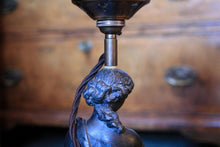 Load image into Gallery viewer, Early 20th.C Rewired Neoclassical Figure Lamp With Lyre & Opaline Shade — Bronze-Tone Spelter On Round Base — 59 cm (23.25 in) Tall