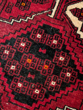 Load image into Gallery viewer, 3'5" x 6'7" - Vintage Afghan Ersari Turkoman Hand-Knotted Wool Rug - Madder Red, Black & Ivory - 104 x 200 cm
