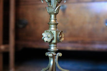 Load image into Gallery viewer, Pair Of Tall Antique  Five-Light Gilt Brass Candelabra On Ebonised Tripod Bases — Ram-Head & Foliate Scrollwork — 51.5 cm (20.3 in)