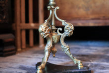 Load image into Gallery viewer, Pair Of Tall Antique  Five-Light Gilt Brass Candelabra On Ebonised Tripod Bases — Ram-Head & Foliate Scrollwork — 51.5 cm (20.3 in)