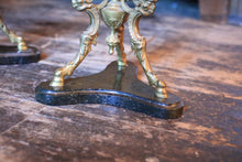 Load image into Gallery viewer, Pair Of Tall Antique  Five-Light Gilt Brass Candelabra On Ebonised Tripod Bases — Ram-Head & Foliate Scrollwork — 51.5 cm (20.3 in)