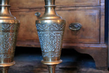 Load image into Gallery viewer, Vintage Tall Engraved Brass Table Lamps – Professionally Rewired, Braided Cable, UK Plug – 62cm Pair