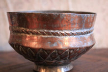 Load image into Gallery viewer, Antique Hand-Hammered Middle Eastern Copper Bowl With Tinned Interior And Geometric Decoration – 11 x 17cm