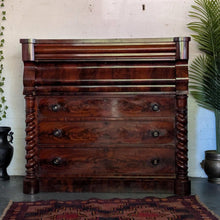 Load image into Gallery viewer, Antique Flame Mahogany Ogee Chest Of Drawers With Barley Twist Columns & Secret Latch Drawer – 129 x 60 x 120cm