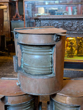Load image into Gallery viewer, 3 Large Vintage Ship’s Copper Ribbed Glass Light Housings / Nautical Lanterns